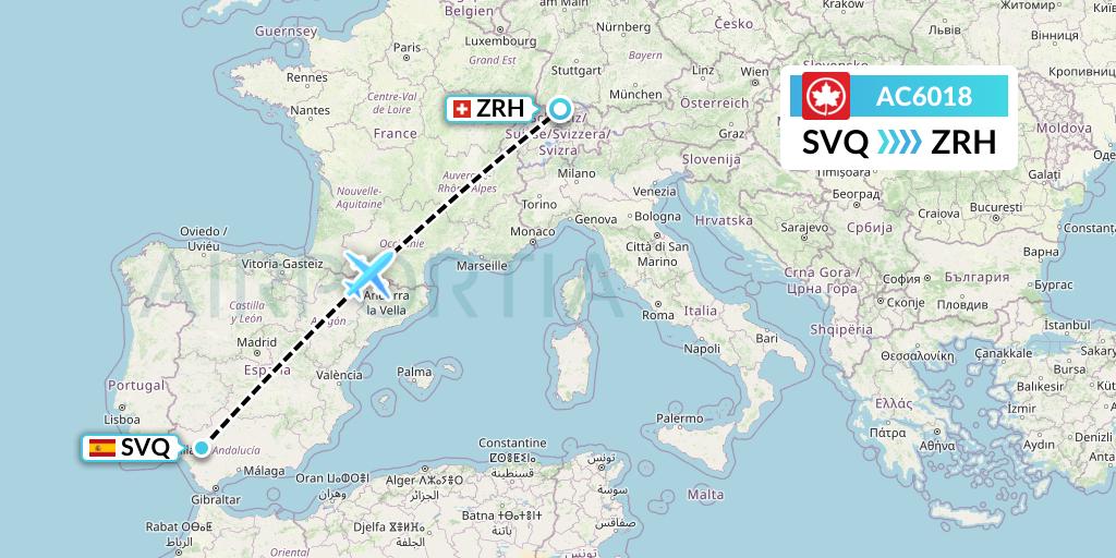 AC6018 Air Canada Flight Map: Seville to Zurich