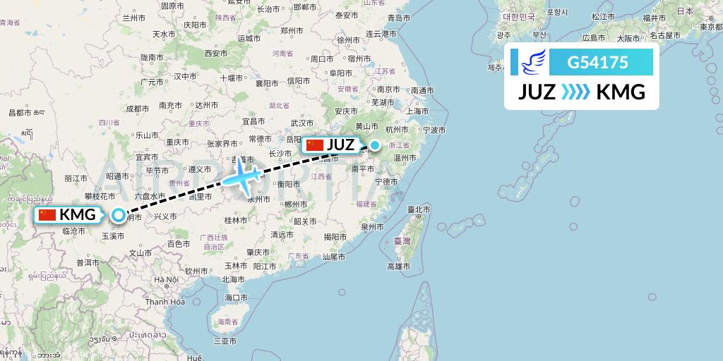 G54175 China Express Airlines Flight Map: Quzhou to Kunming