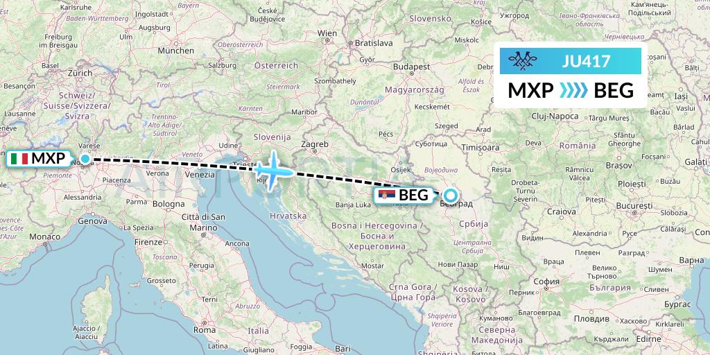 JU417 AirSERBIA Flight Map: Milan to Belgrade