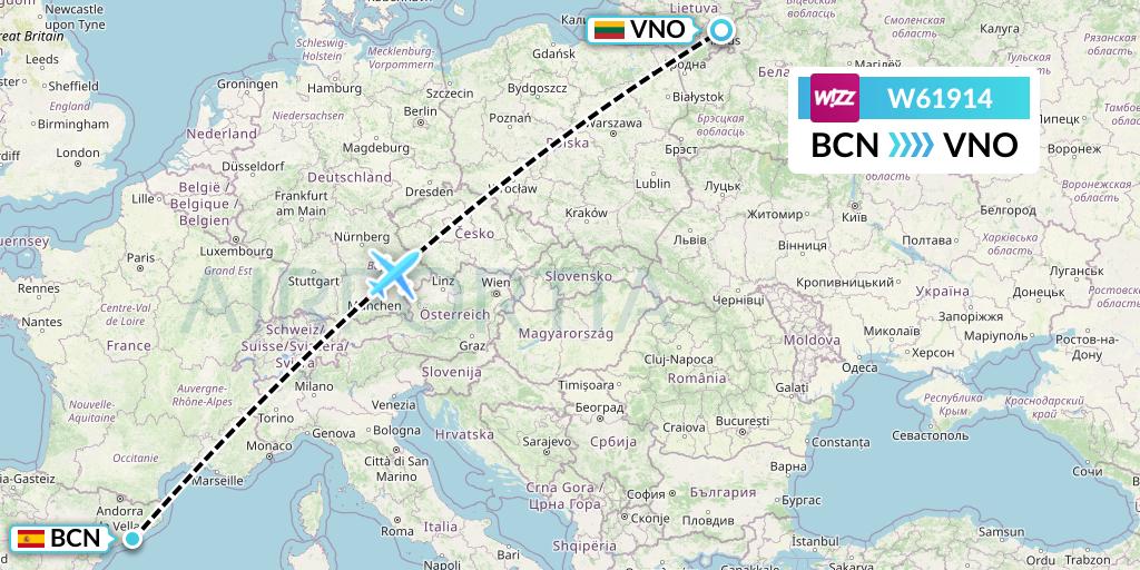 W61914 Wizz Air Flight Map: Barcelona to Vilnius