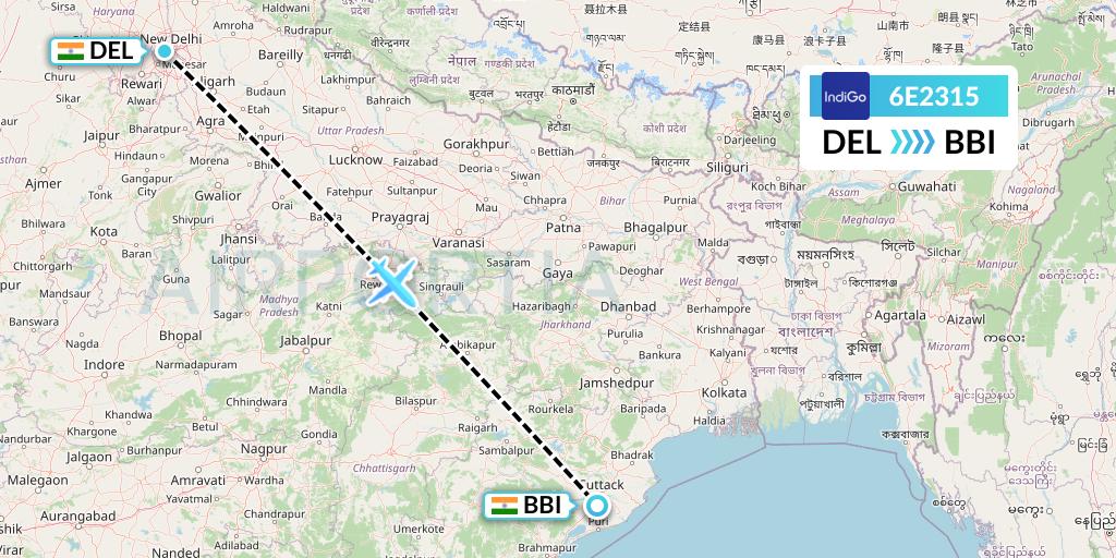 6E2315 IndiGo Airlines Flight Map: Delhi to Bhubaneswar