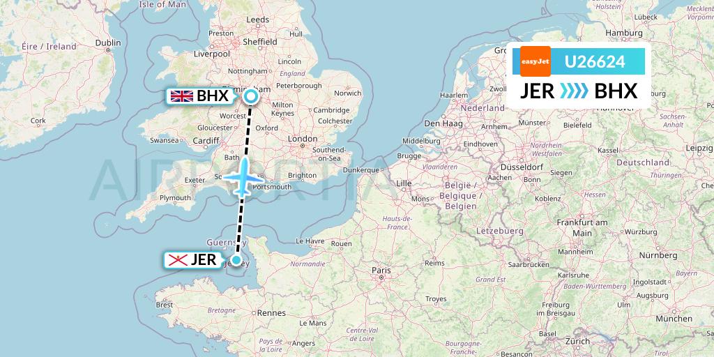 U26624 EasyJet Flight Map: Jersey to Birmingham