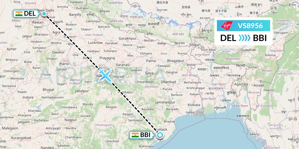 VS8956 Virgin Atlantic Airways Flight Map: Delhi to Bhubaneswar