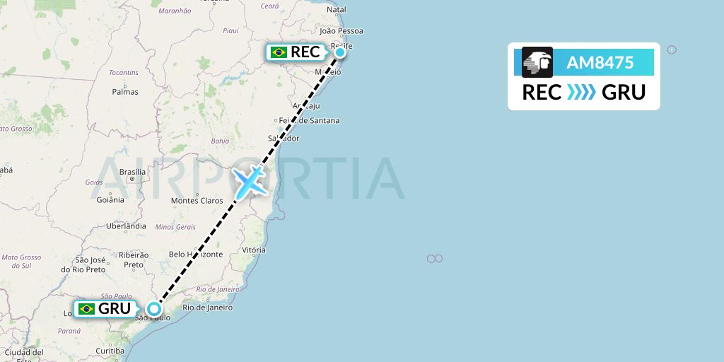 AM8475 Aeromexico Flight Map: Recife to Sao Paulo
