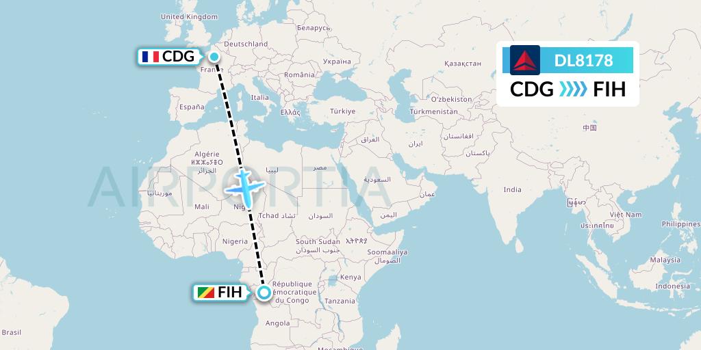 DL8178 Delta Air Lines Flight Map: Paris to Kinshasa