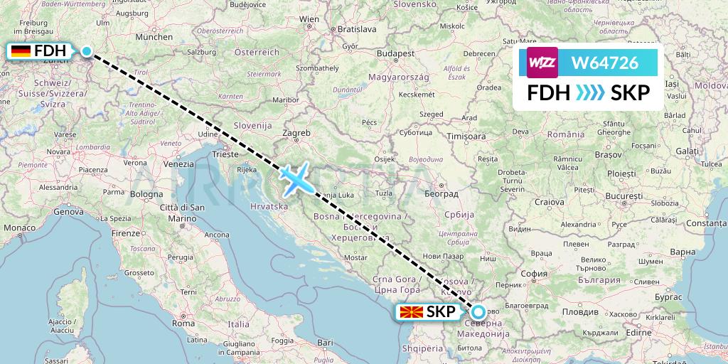 W64726 Wizz Air Flight Map: Friedrichshafen to Skopje