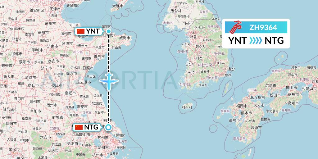 ZH9364 Shenzhen Airlines Flight Map: Yantai to Nantong