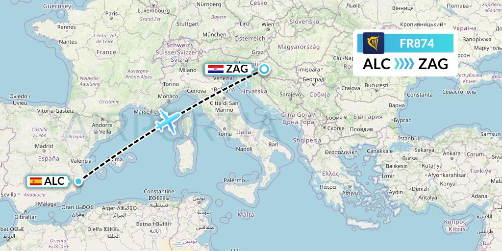 FR874 Ryanair Flight Map: Alicante to Zagreb