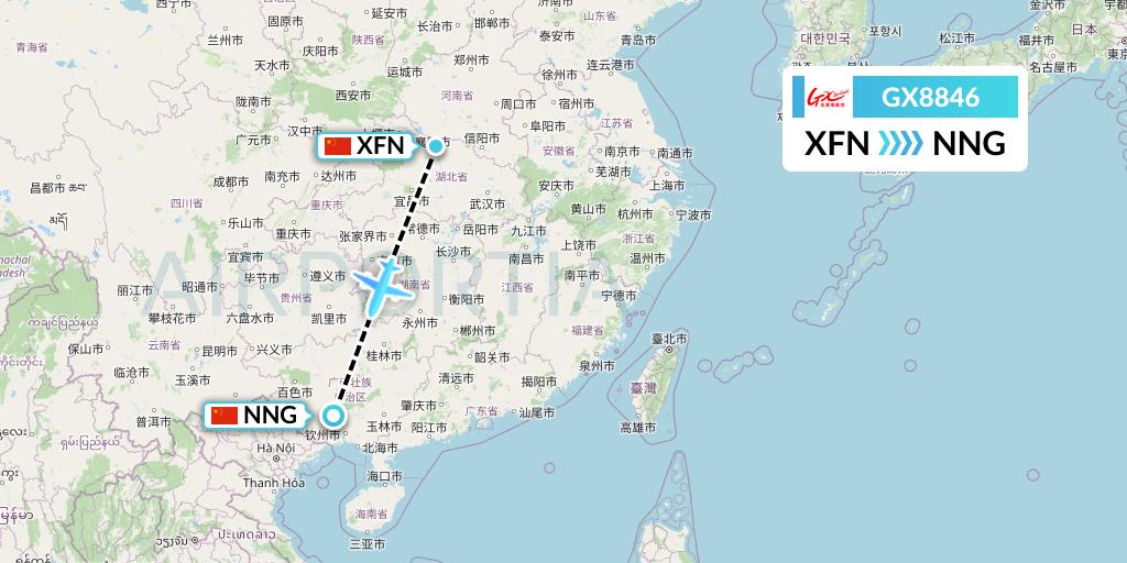 GX8846 GX Airlines Flight Map: Xiangyang to Nanning