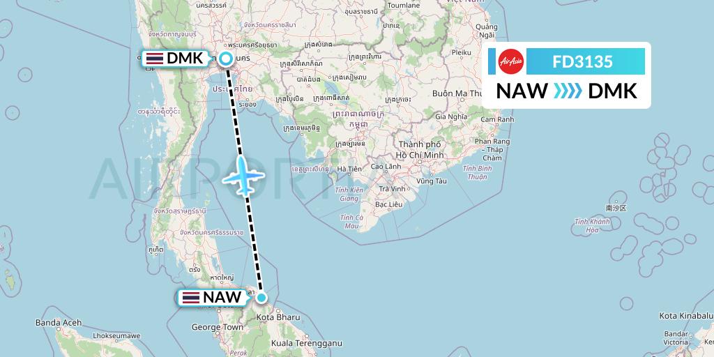 FD3135 Thai AirAsia Flight Map: Narathiwat to Bangkok