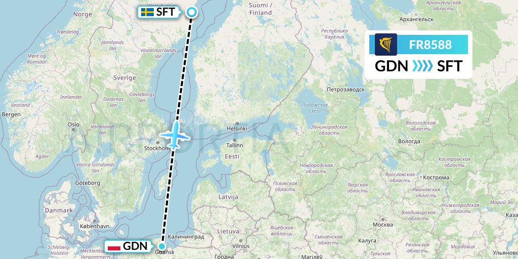 FR8588 Ryanair Flight Map: Gdansk to Skelleftea