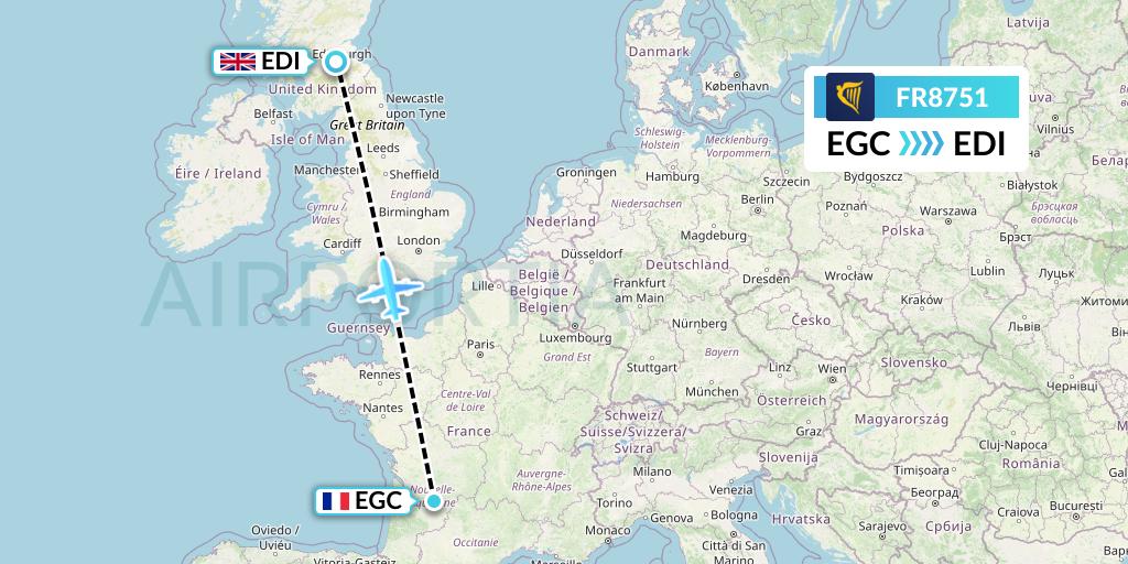 FR8751 Ryanair Flight Map: Bergerac to Edinburgh