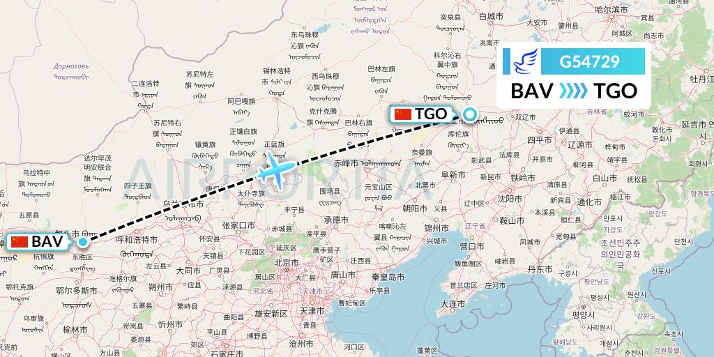 G54729 China Express Airlines Flight Map: Baotou to Tongliao
