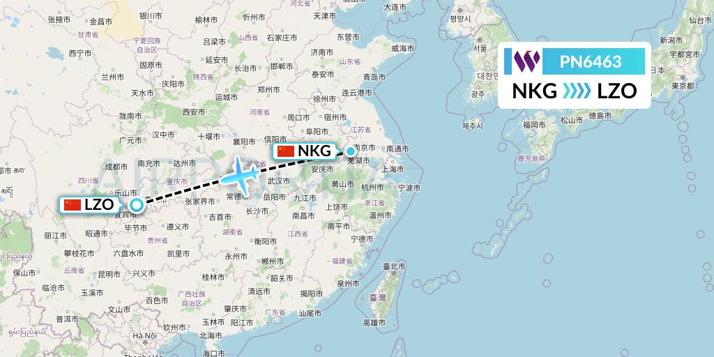 PN6463 China West Air Flight Map: Nanjing to Luzhou