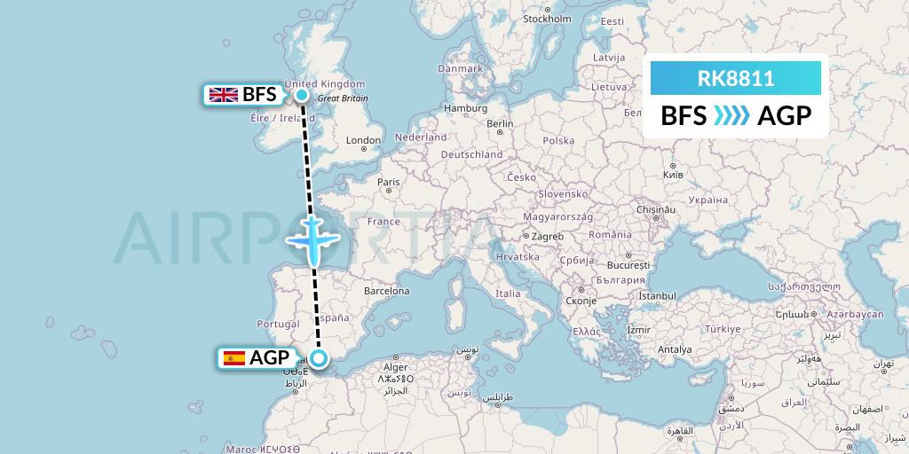 RK8811 Ryanair UK Flight Map: Belfast to Malaga