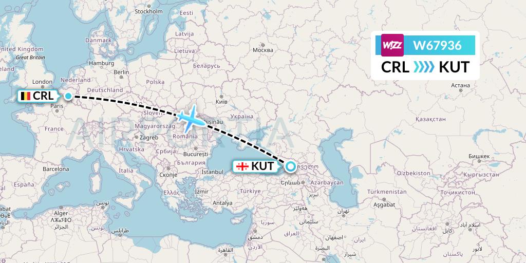 W67936 Wizz Air Flight Map: Brussels to Kutaisi