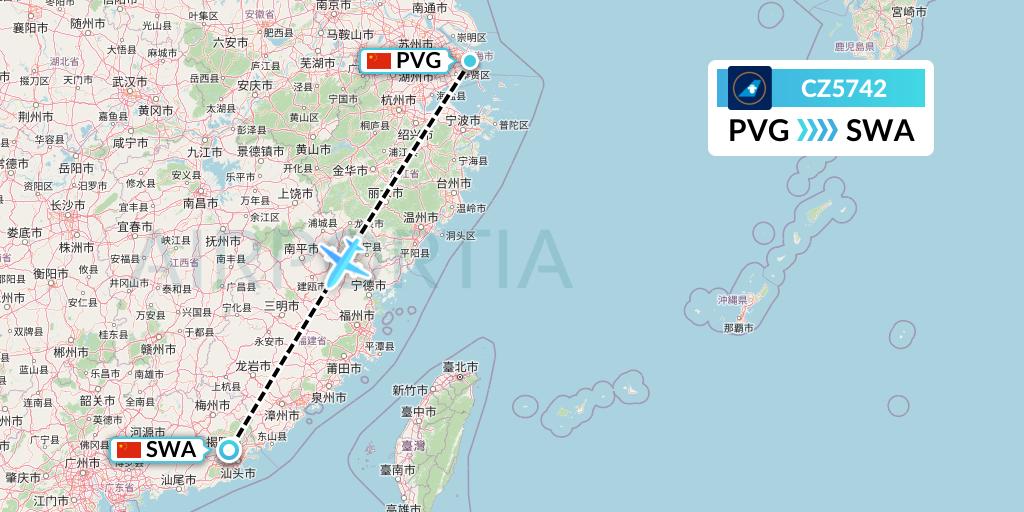 CZ5742 China Southern Airlines Flight Map: Shanghai to Jieyang
