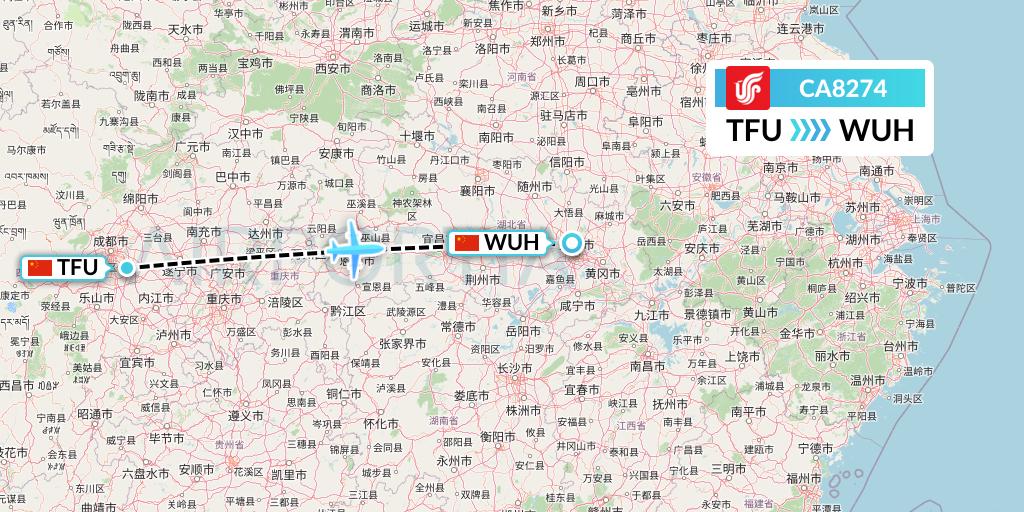 CA8274 Air China Flight Map: Chengdu to Wuhan