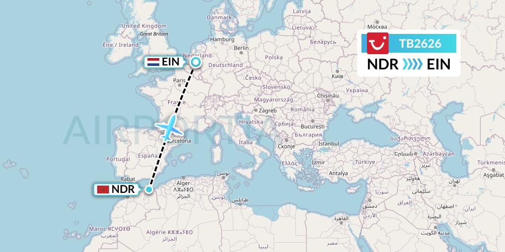 TB2626 TUI fly Belgium Flight Map: Nador to Eindhoven