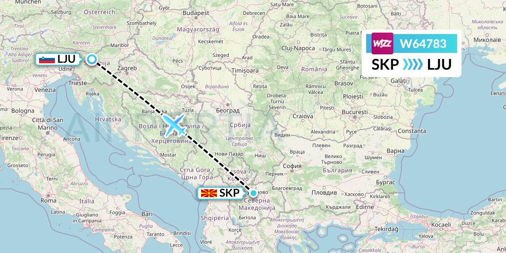 W64783 Wizz Air Flight Map: Skopje to Ljubljana