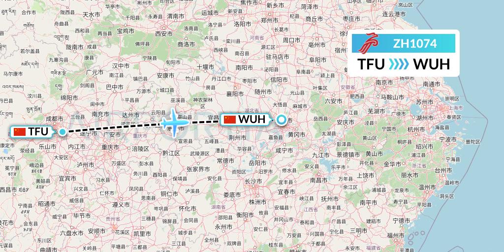 ZH1074 Shenzhen Airlines Flight Map: Chengdu to Wuhan