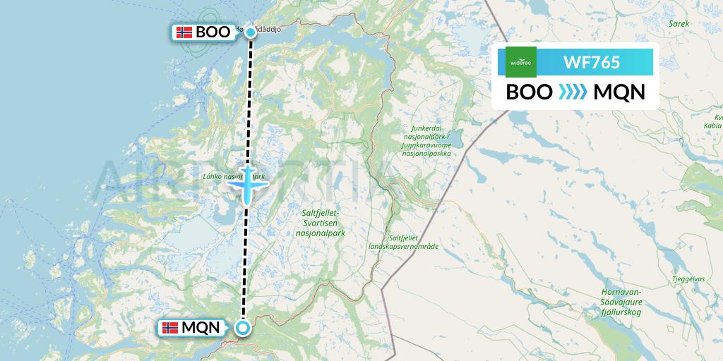 WF765 Wideroe Flight Map: Bodo to Mo i Rana