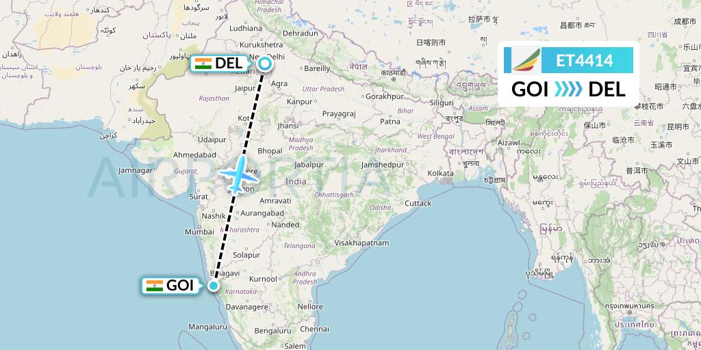 ET4414 Ethiopian Airlines Flight Map: Goa to Delhi