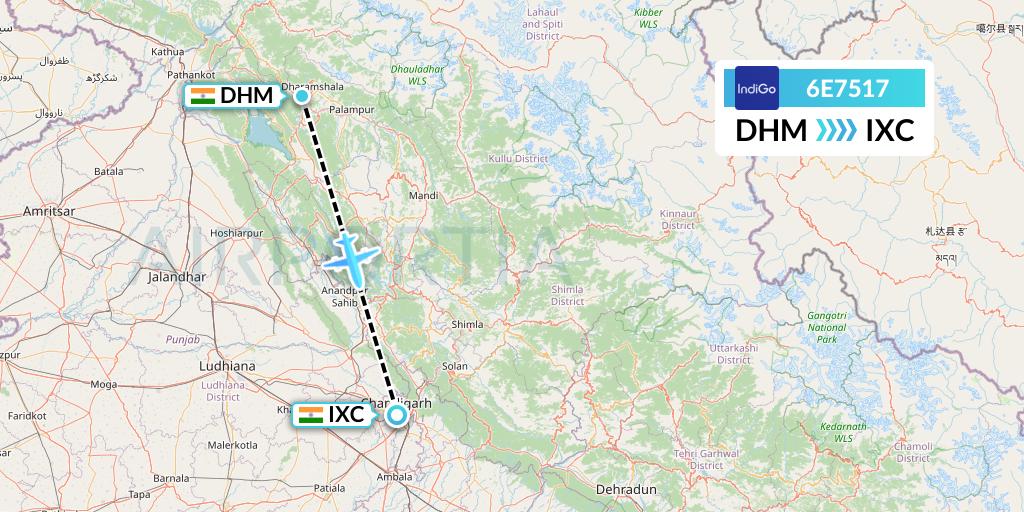 6E7517 IndiGo Airlines Flight Map: Dharamsala to Chandigarh