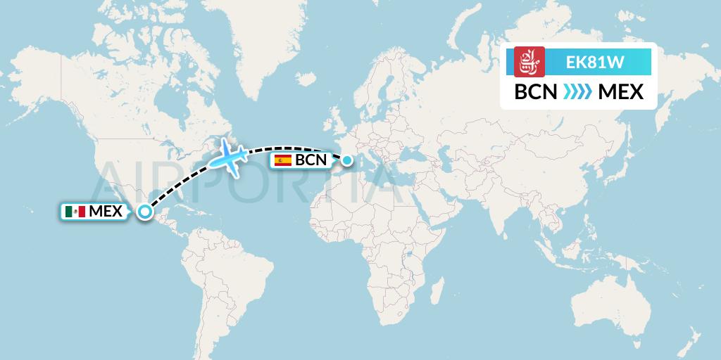 EK81W Emirates Flight Map: Barcelona to Mexico City