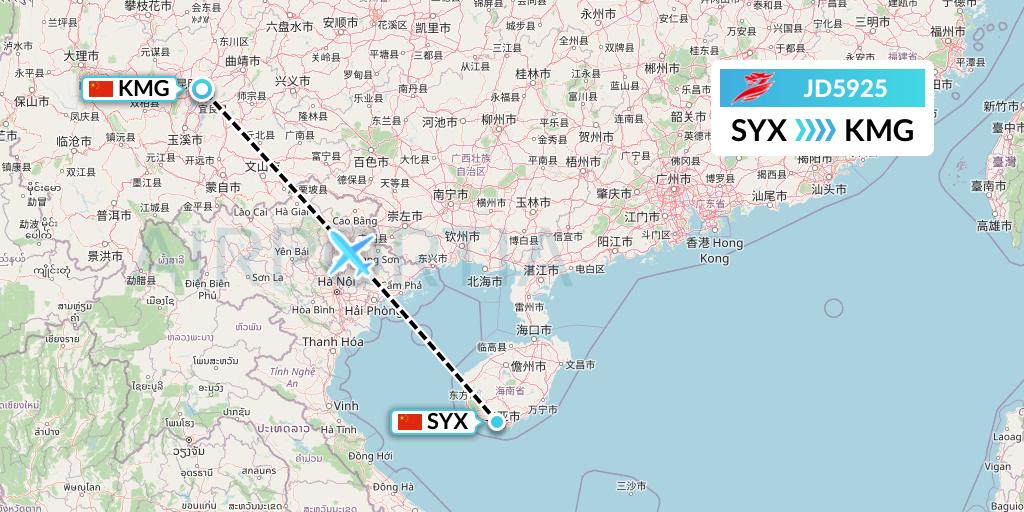JD5925 Capital Airlines Flight Map: Sanya to Kunming
