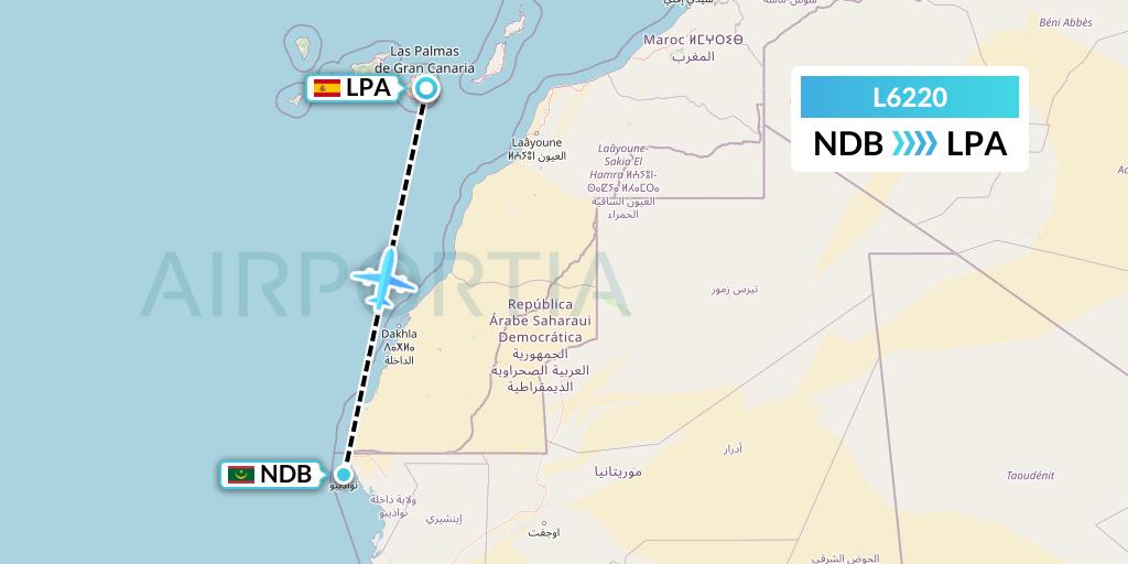 L6220 Mauritania Airlines International Flight Map: Nouadhibou to Las Palmas