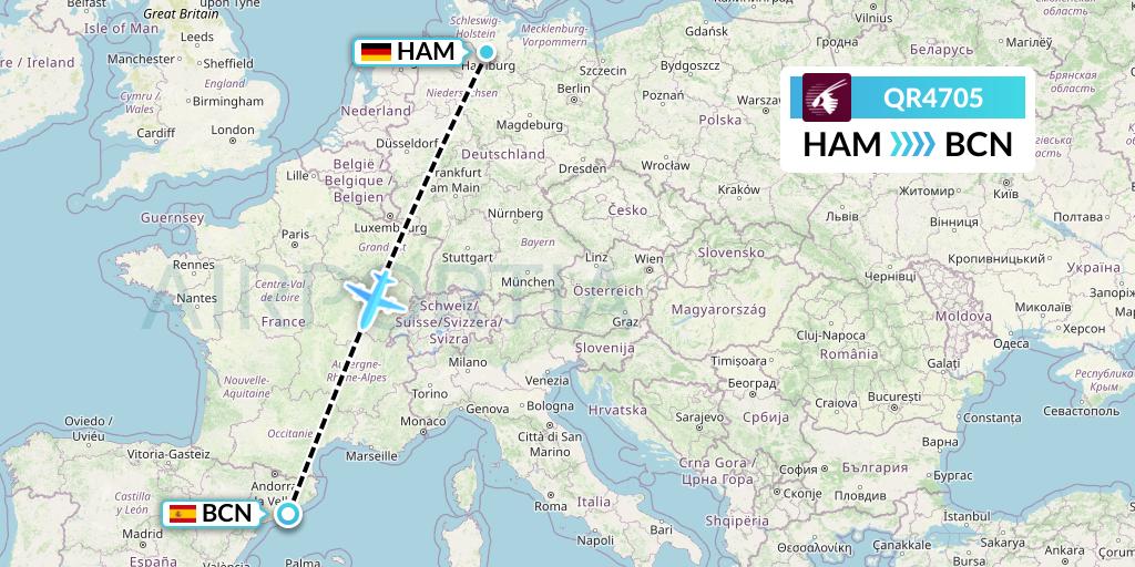 QR4705 Qatar Airways Flight Map: Hamburg to Barcelona