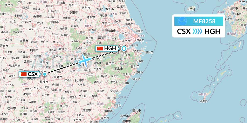 MF8258 Xiamen Airlines Flight Map: Changsha to Hangzhou