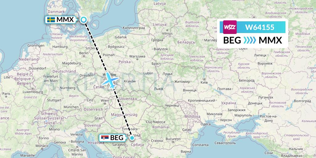 W64155 Wizz Air Flight Map: Belgrade to Malmo