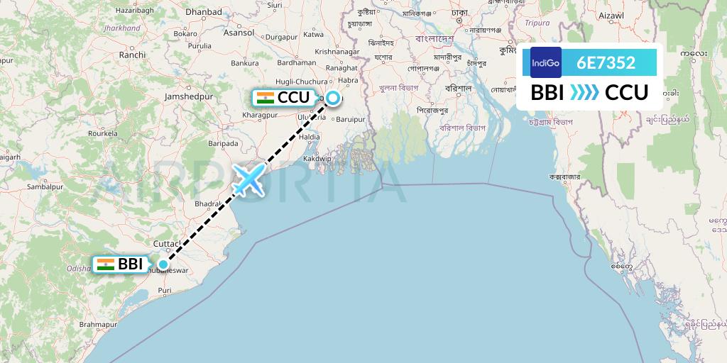 6E7352 IndiGo Airlines Flight Map: Bhubaneswar to Kolkata