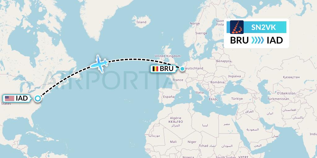 SN2VK Brussels Airlines Flight Map: Brussels to Washington