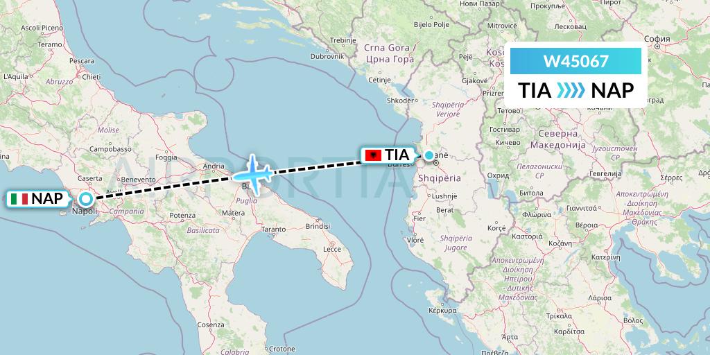 W45067 Wizz Air Malta Flight Map: Tirana to Naples