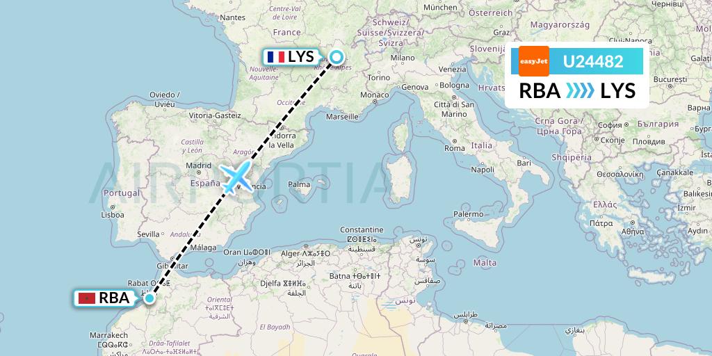 U24482 EasyJet Flight Map: Rabat to Lyon