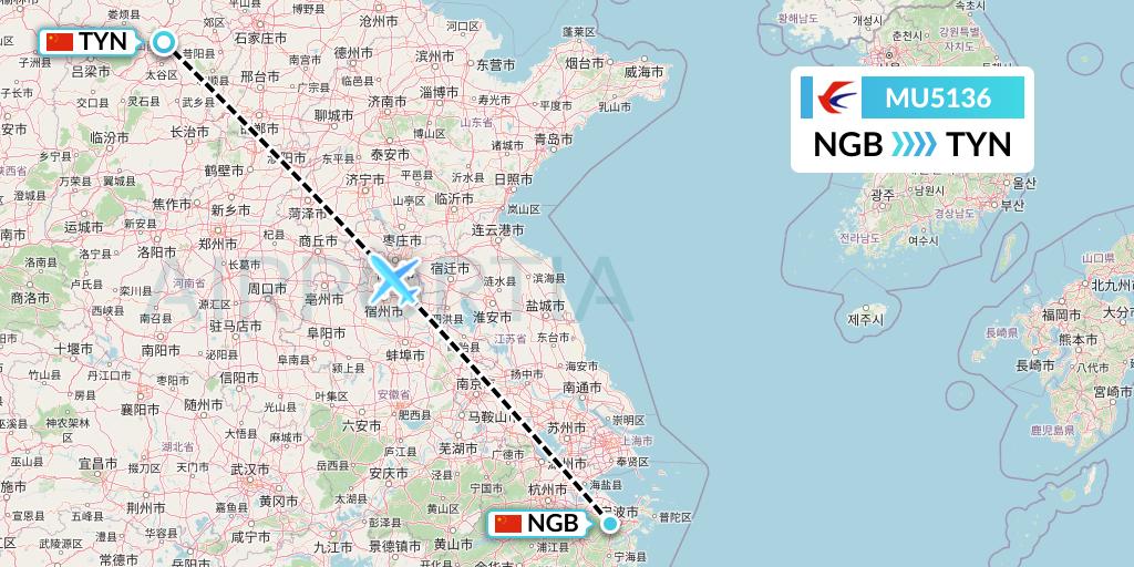 MU5136 China Eastern Airlines Flight Map: Ningbo to Taiyuan