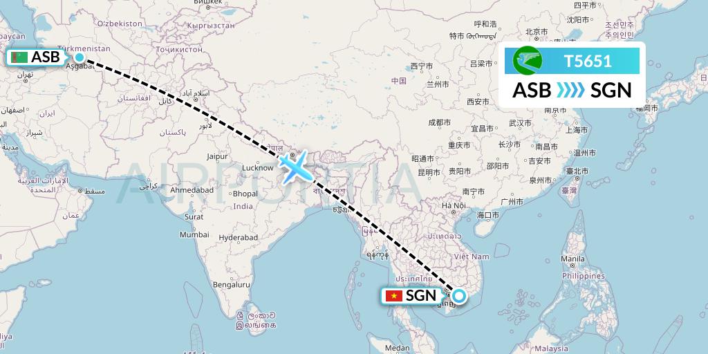 T5651 Turkmenistan Airlines Flight Map: Ashgabat to Ho Chi Minh City