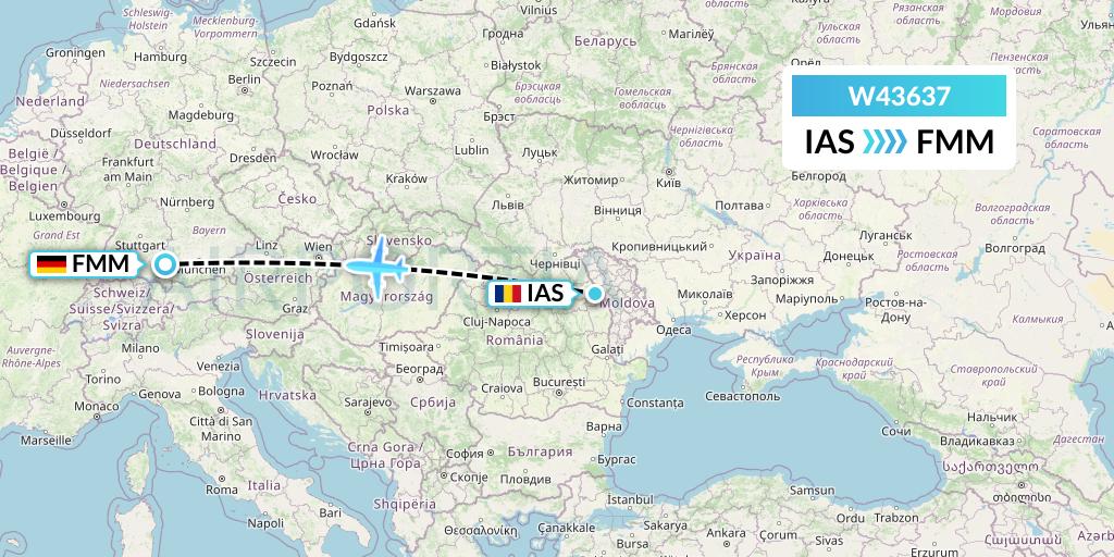 W43637 Wizz Air Malta Flight Map: Iasi to Memmingen