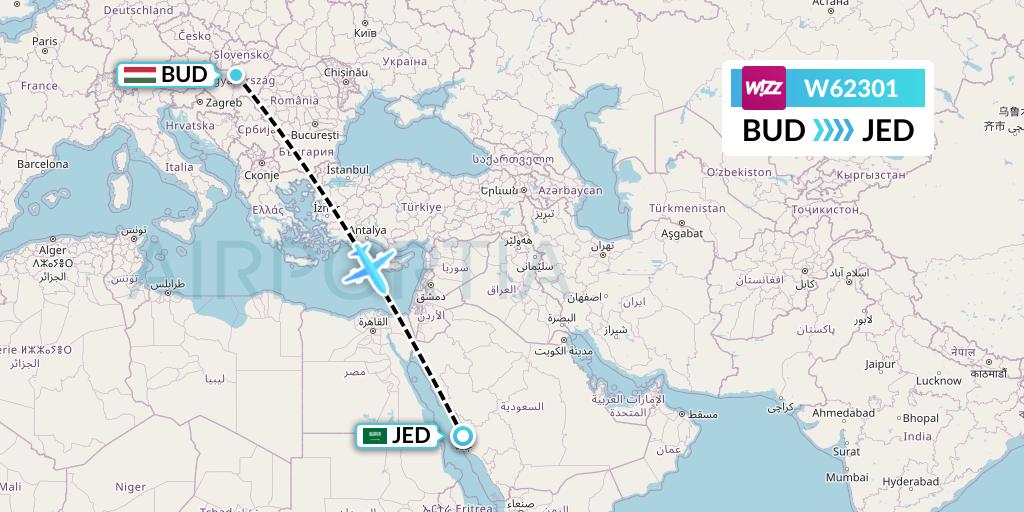 W62301 Wizz Air Flight Map: Budapest to Jeddah
