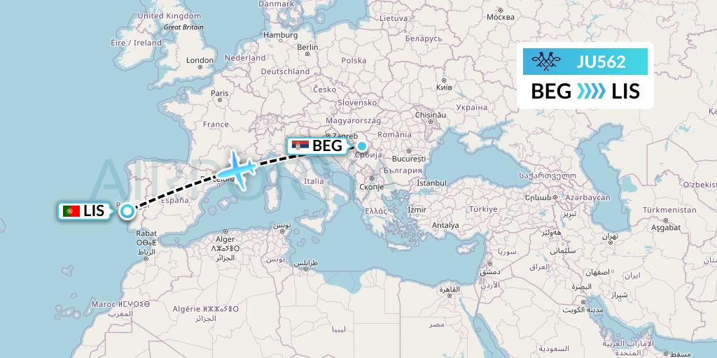 JU562 AirSERBIA Flight Map: Belgrade to Lisbon