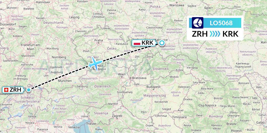 LO5068 LOT Flight Map: Zurich to Krakow