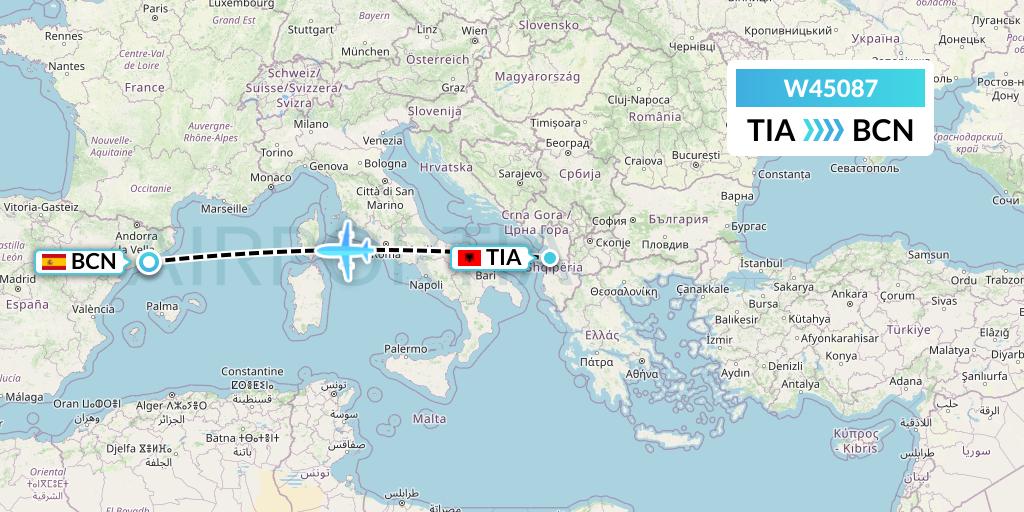 W45087 Wizz Air Malta Flight Map: Tirana to Barcelona