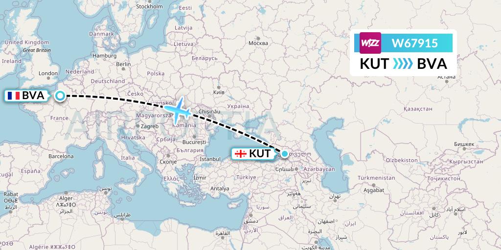 W67915 Wizz Air Flight Map: Kutaisi to Paris