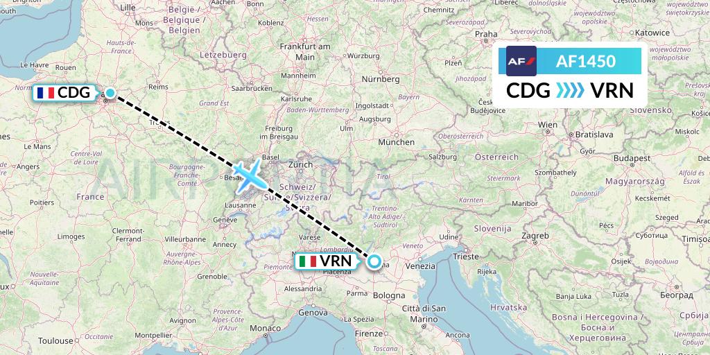 AF1450 Air France Flight Map: Paris to Verona