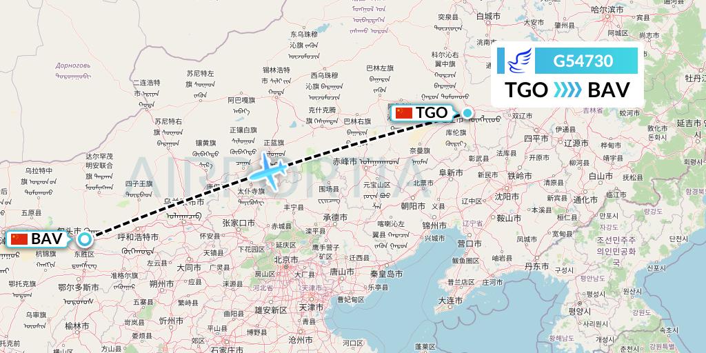 G54730 China Express Airlines Flight Map: Tongliao to Baotou