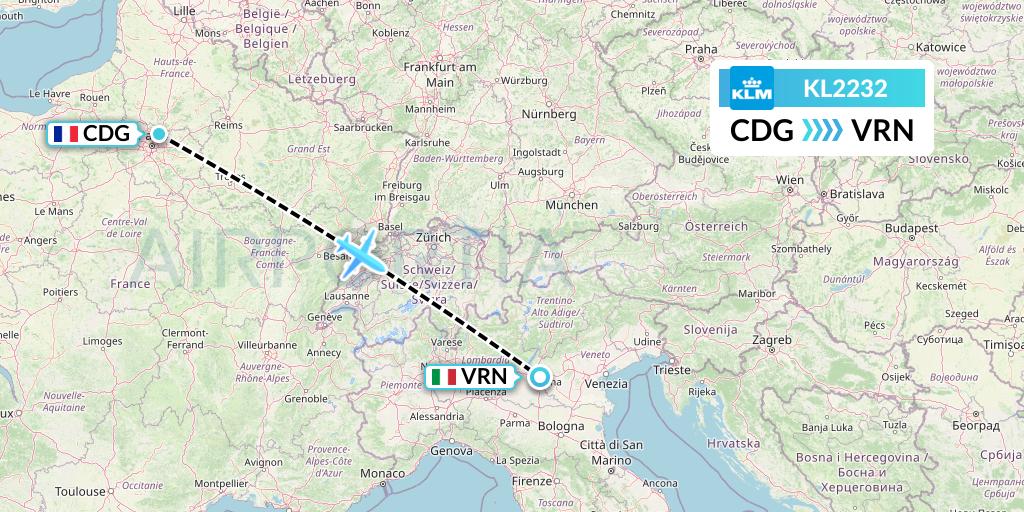 KL2232 KLM Flight Map: Paris to Verona
