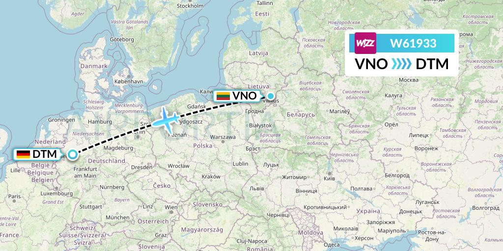 W61933 Wizz Air Flight Map: Vilnius to Dortmund